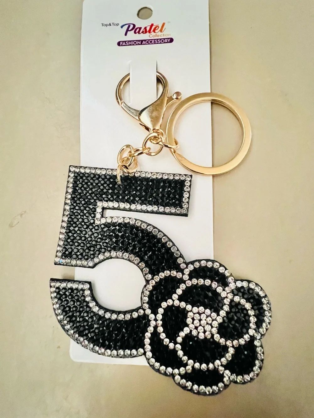 Pastel Fashion Accessories Black & Silver Number 5 Rhinestone Keychain